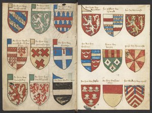 Wapenboek Beyeren (armorial) - KB79K21 - folia 053v (vlevo) a 054r (vpravo) od Binder